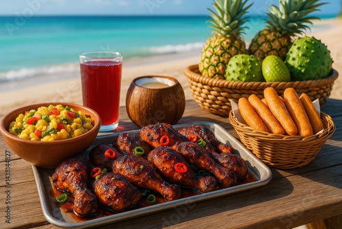 Jerk Chicken with Peppers, Ackee and Saltfish, Sorrel Glass, and Coconut Water on Island Shore

