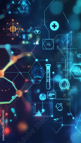Dynamic abstract medical background featuring flat icons in healthcare technology and innovation