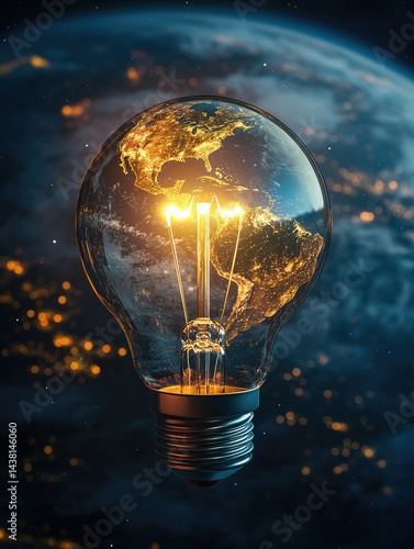 Innovative light bulb with a globe design in the background, representing a new and enlightening idea that could solve global challenges.