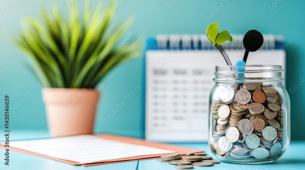 Savings jar filled with coins placed beside budgeting planner and financial goal checklist