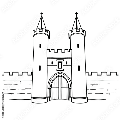 Medieval Castle Gatehouse Line Drawing Illustration