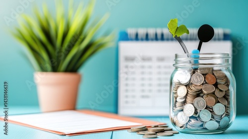 Obraz na płótnie Savings jar filled with coins placed beside budgeting planner and financial goal checklist w salonie