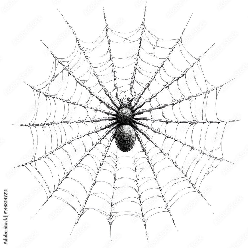 Obraz premium Spider's Web: An detailed illustration of a spider, meticulously crafted in a delicate, yet robust, web, a testament to the art of nature's architecture.