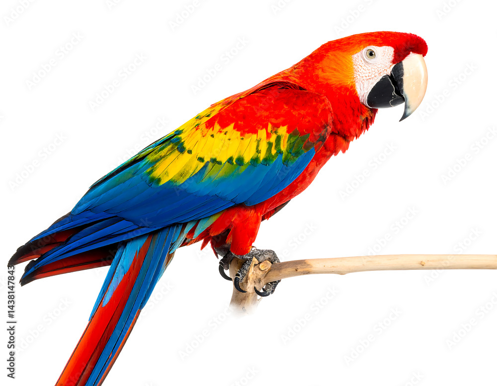Fototapeta premium Scarlet Macaw Perched Gracefully: A Rainbow of Feathers Against the Night