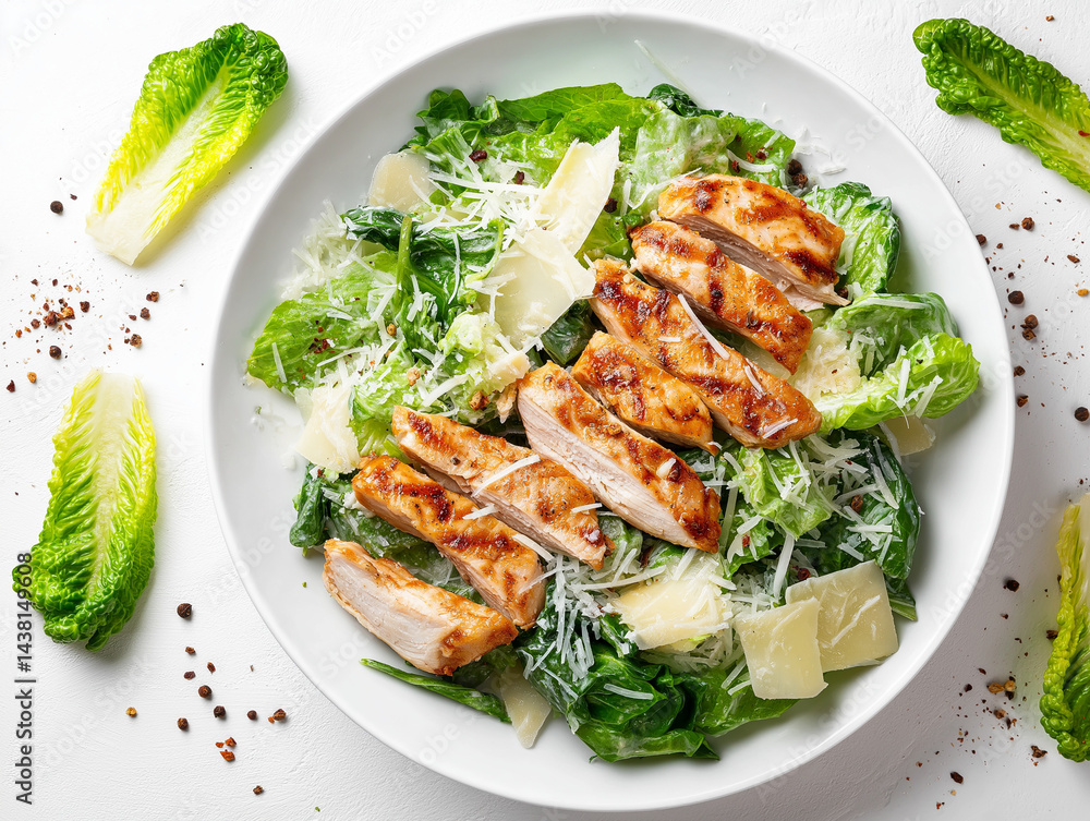 Caesar salad with grilled chicken on white plate, top-down, stock food style
Caesar salad with grilled chicken on white plate, top-down, stock food style