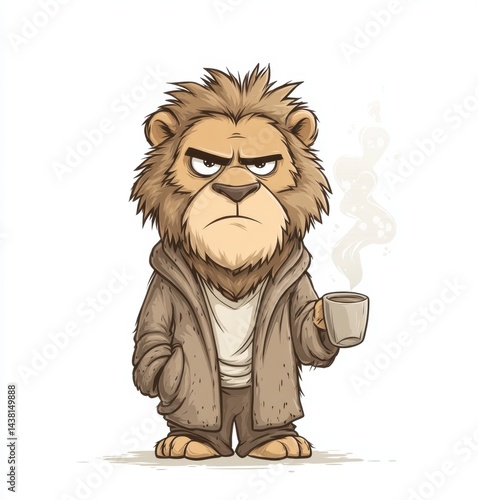 A cartoon lion holding a cup of coffee