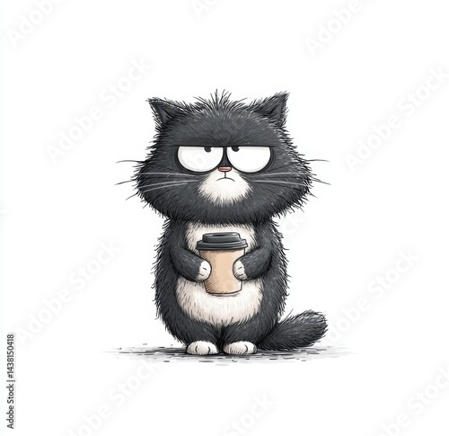 A black and white cat holding a cup of coffee