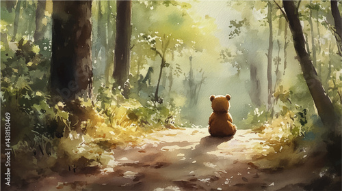 Vector illustration, watercolor painting of brown bear in the wild