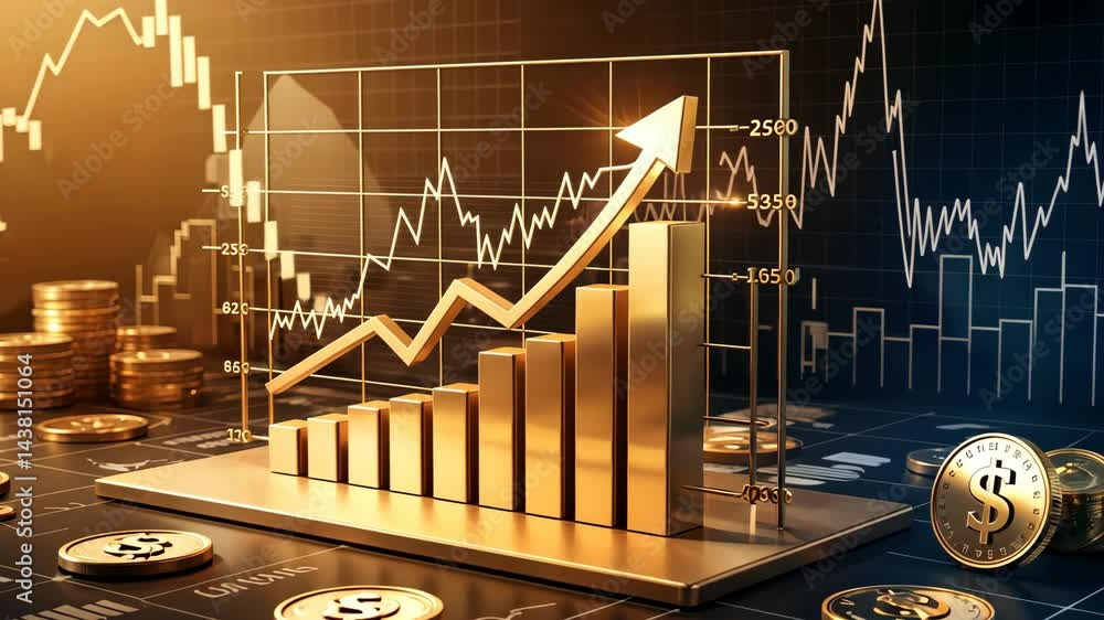 Golden bars rising, metallic coins displaying growth financial charts, symbolizing investment growth and market prosperity.