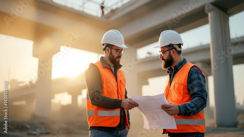 Two construction engineers in vests and helmets reviewing blueprints at site during sunset. Concept of planning and teamwork