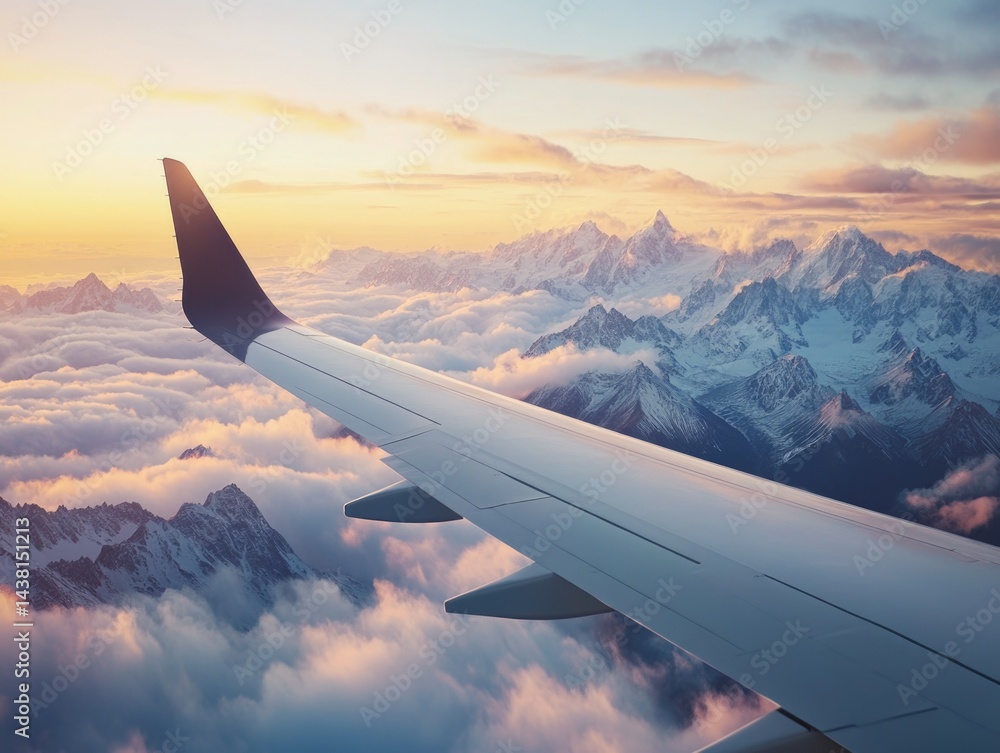 Fototapeta premium An awe-inspiring photo capturing the serene beauty of an airplane's view from above, featuring a sunset painting the sky in hues of orange and pink while majestic mountains rise in the background.