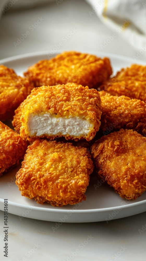 Crispy golden breaded chicken nuggets served on a white plate with a blurred background for delicious fast food or snack presentation Crispy golden breaded chicken nuggets served on a white plate with a blurred background for delicious fast food or snack presentation