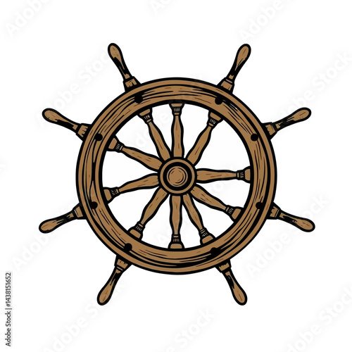 Vintage Wooden Ship Wheel Nautical Illustration