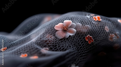 Delicate floral mesh fabric, with soft, flowing texture.  Small, detailed flowers adorn the translucent material