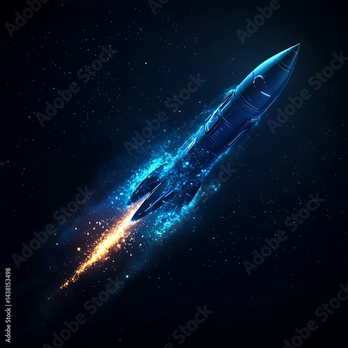 Wallpaper Mural Futuristic blue rocket launching into space with glowing trails and stars in the background image Torontodigital.ca