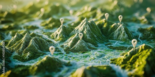 The image depicts a detailed topographic map of a mountainous region, with a satellite view layer overlaid with white pins. The map appears to be stylized, with mountains in green and valleys in white