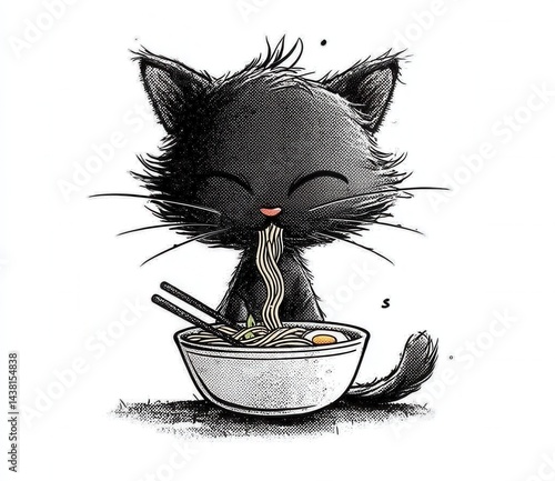A black cat eating a bowl of noodles with chopsticks