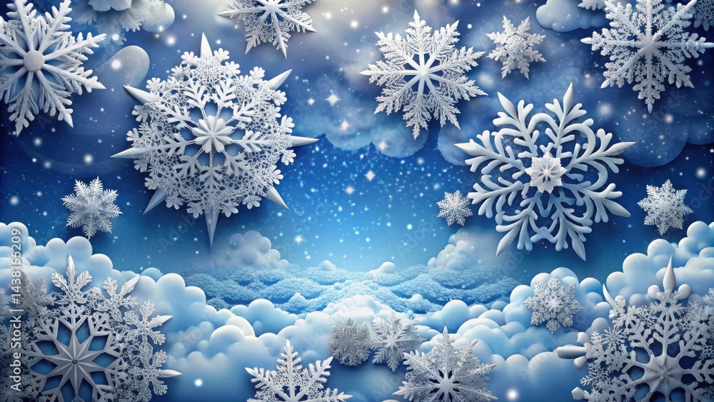 A whimsical winter scene with intricate snowflakes falling through a sky of clouds and twinkling stars. A whimsical winter scene with intricate snowflakes falling through a sky of clouds and twinkling stars.