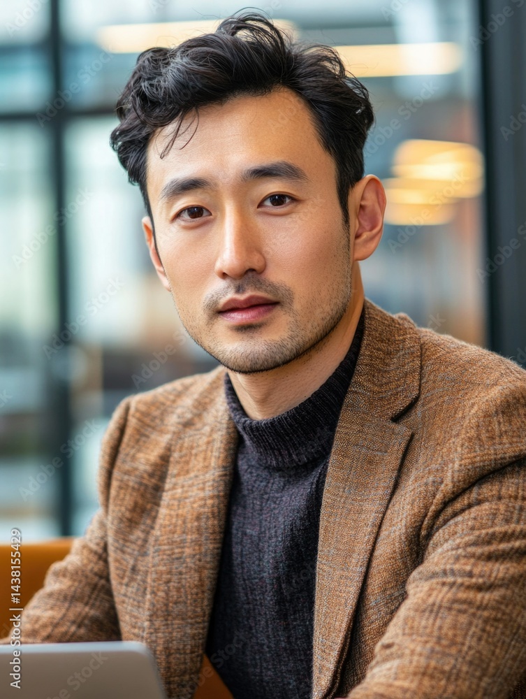 Naklejka premium This is a stock photo featuring an Asian man in a professional setting, looking attentively forward with a neutral expression. He has dark hair and appears to be of East Asian descent. The man is