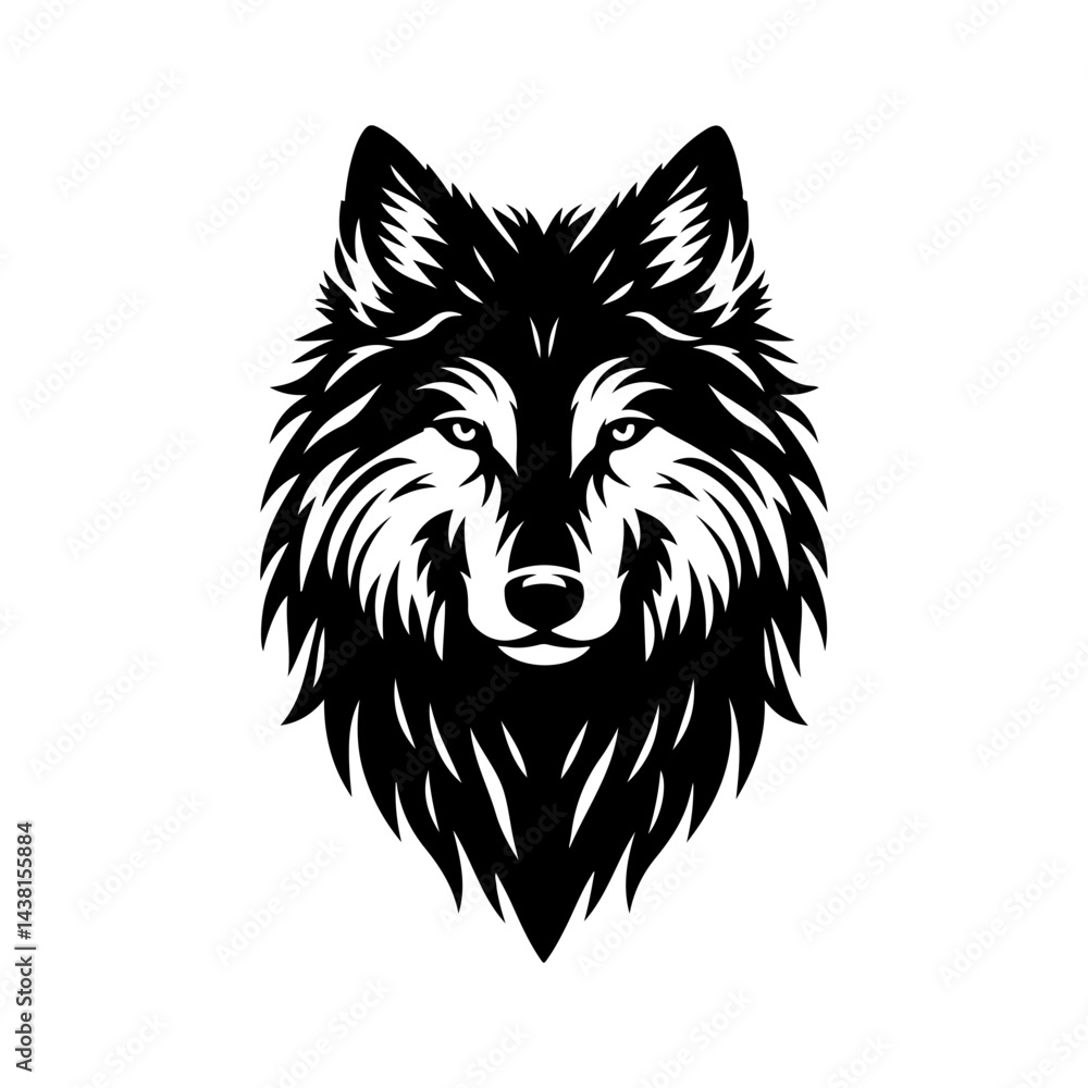 Fototapeta premium A black and white vector illustration depicts a tribal wolf head tattoo alongside a wild lion head