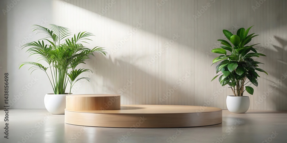 Minimalist product display featuring a round wooden podium with two potted plants in a white room with sunbeams shining through the window Minimalist product display featuring a round wooden podium with two potted plants in a white room with sunbeams shining through the window