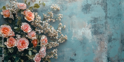 A captivating photo of a bouquet of pink roses, set against a textured wall backdrop with a painterly effect. The flowers are in full bloom, adding a vibrant pop of color to the composition. This