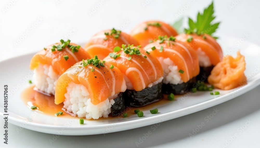 Elegant sushi arrangement on white background, aesthetic, delicious Elegant sushi arrangement on white background, aesthetic, delicious