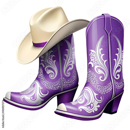 Purple Cowboy Boots and Hat isolated on transparent background