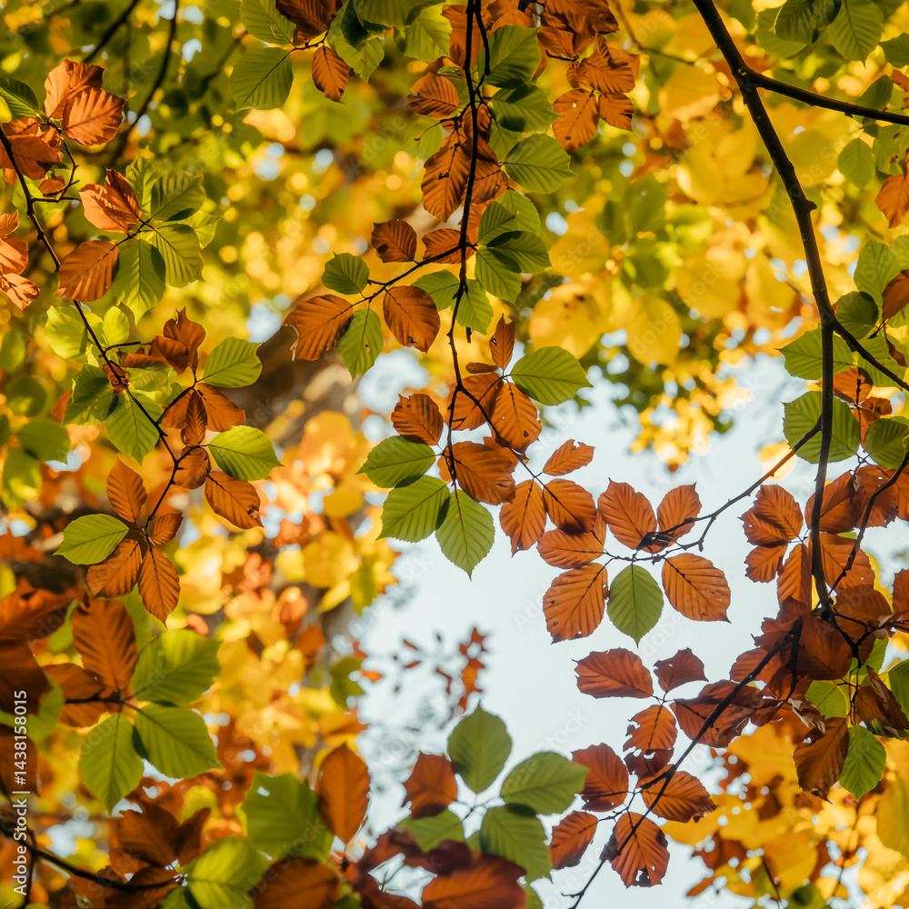 Low-angle view of vibrant autumn beech leaves in golden yellow and rust orange, branches stretching across a dreamy, softly blurred bokeh sky, glowing with warm sunlight Low-angle view of vibrant autumn beech leaves in golden yellow and rust orange, branches stretching across a dreamy, softly blurred bokeh sky, glowing with warm sunlight