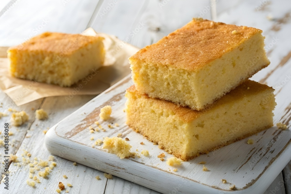 Golden Yellow Freshly Baked Cake Slices on Rustic Wooden Cutting Board Golden Yellow Freshly Baked Cake Slices on Rustic Wooden Cutting Board