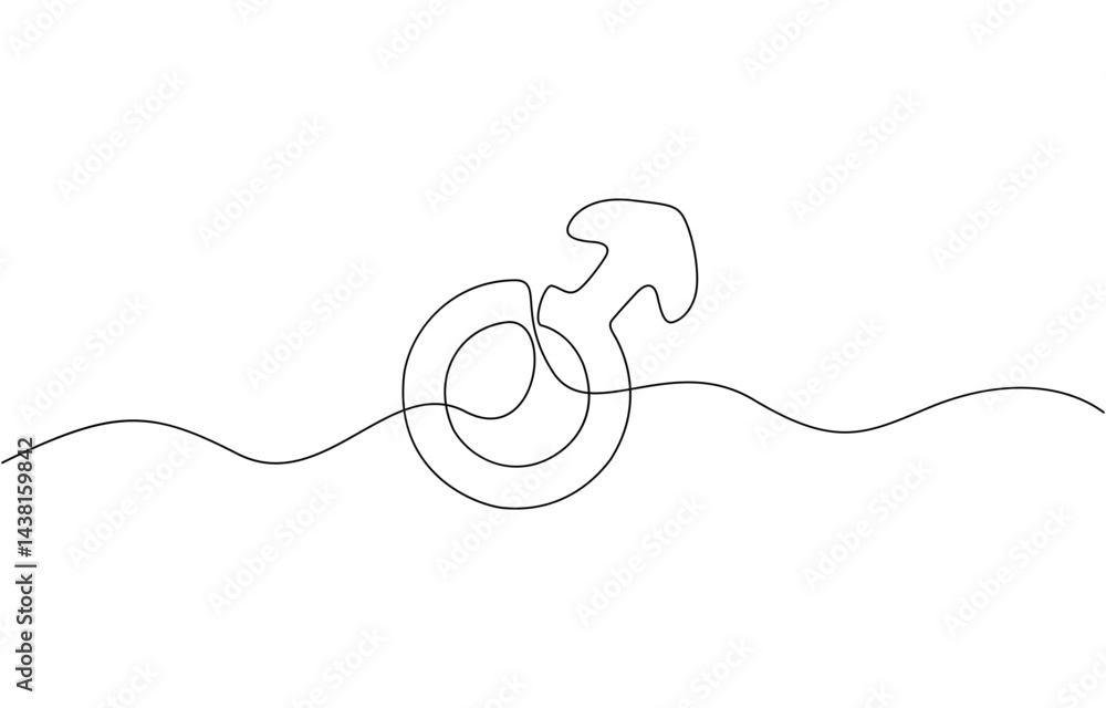 Obraz premium One continuous line drawing of male symbol.one line drawing of male gender sign icon, Male gender icon line continuous drawing vector. One line Male gender icon vector background.