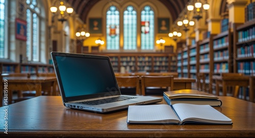 Wallpaper Mural Laptop and notebook on study table in university library background Torontodigital.ca