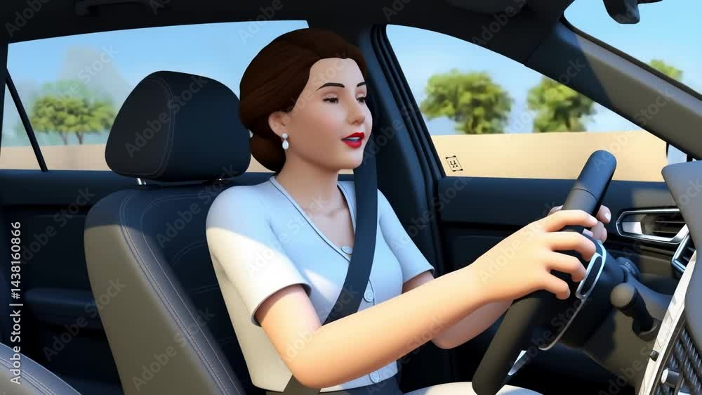 Navigating the journey ahead: A stylized 3D illustration of a woman confidently driving, focused on the road.