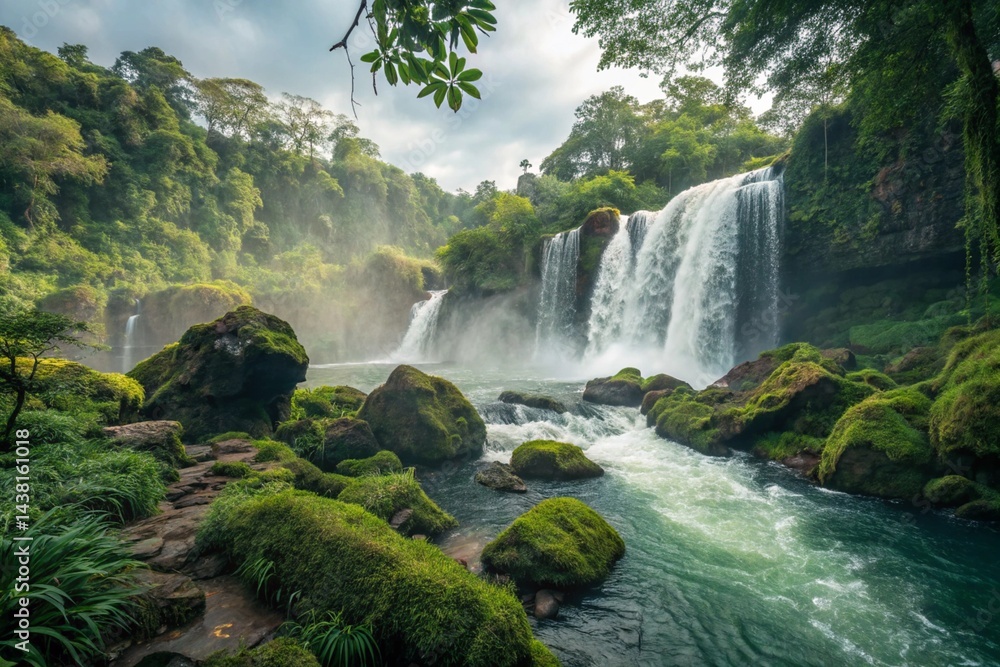 Fototapeta premium Waterfall Cascading Down Mossy Rocks Tropical Jungle