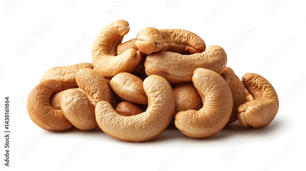 Pile of Roasted Cashews Presenting a Nutritious Snack on Isolated White Surface Pile of Roasted Cashews Presenting a Nutritious Snack on Isolated White Surface