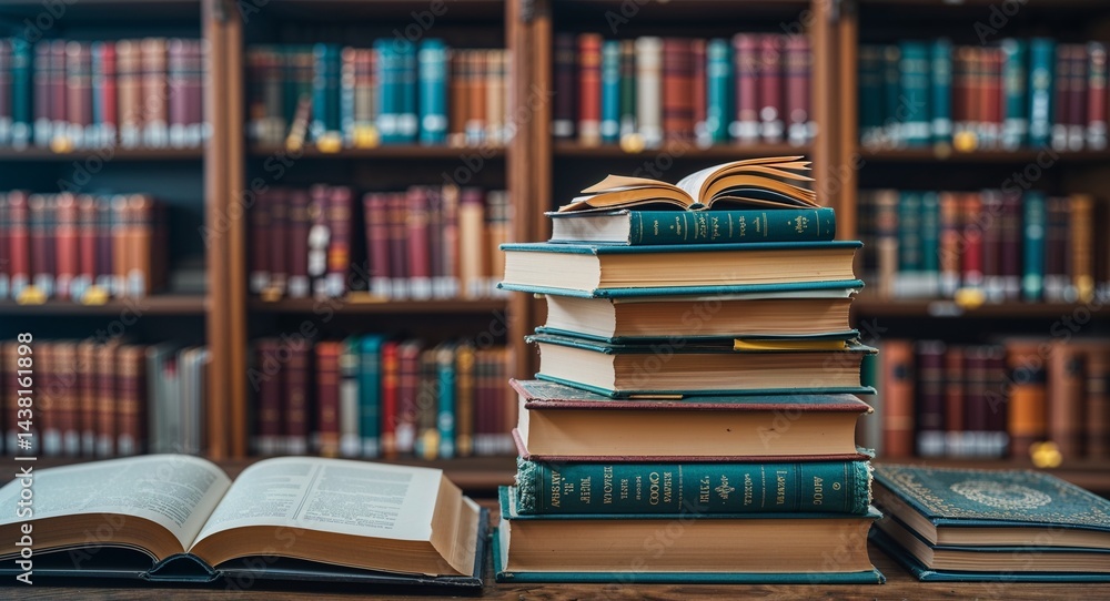 Stack of library books with bookmarks on bookshelf background Stack of library books with bookmarks on bookshelf background