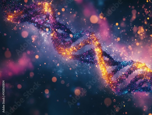 High-resolution graphic of a double helix DNA molecule, glowing in vibrant hues against a backdrop of starry space and nebula. The colors are bright, predominantly blues, purples, and pinks, creating