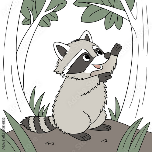 Cartoon raccoon reaching for leaves in a playful pose surrounded by greenery