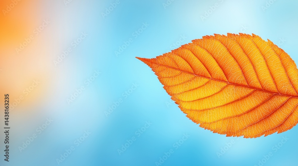 A single orange leaf on a blue background A single orange leaf on a blue background