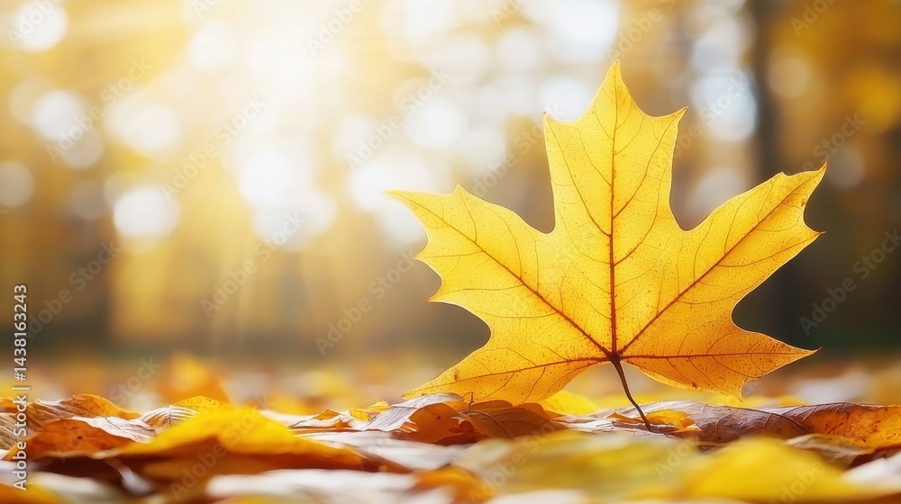 A single yellow maple leaf laying on a pile of fallen leaves A single yellow maple leaf laying on a pile of fallen leaves