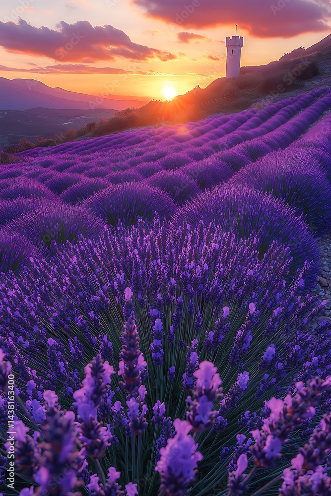 Obraz premium Stunning sunset over a vast field of vibrant purple lavender.