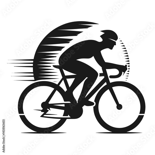 Black silhouette of a cyclist racing on white background logotype