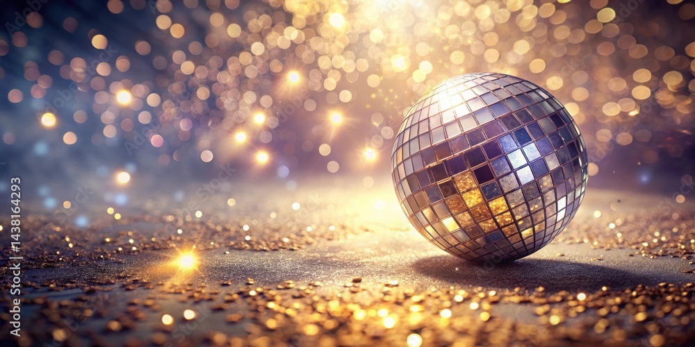 Obraz premium A shimmering disco ball resting on a bed of sparkling glitter, bathed in a golden glow, creating a captivating scene of festive celebration.