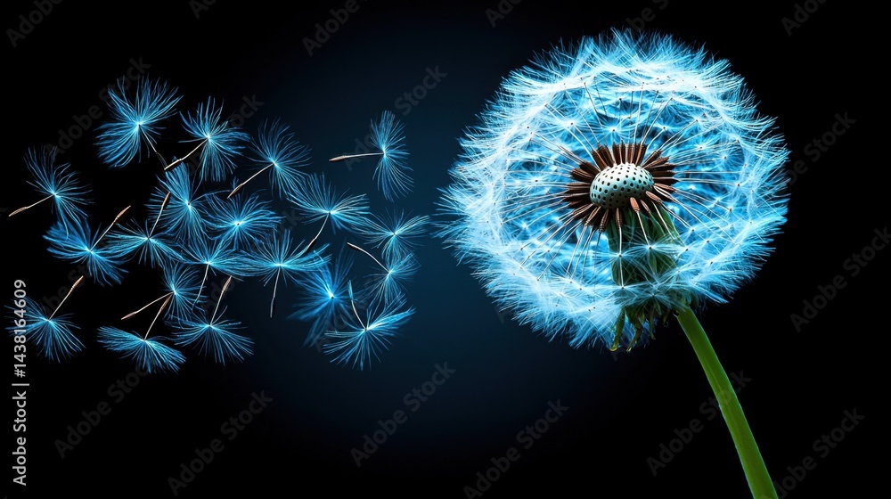 Fototapeta premium A dandelion blowing in the wind on a black background