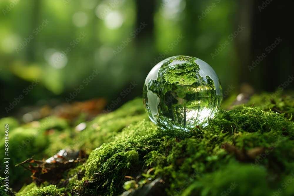 Crystal globe glass on green moss in forest to protect nature Save and care World for sustainable. concept of the environment ecology and Earth Day. eco environment and ESG concept.. Crystal globe glass on green moss in forest to protect nature Save and care World for sustainable. concept of the environment ecology and Earth Day. eco environment and ESG concept..
