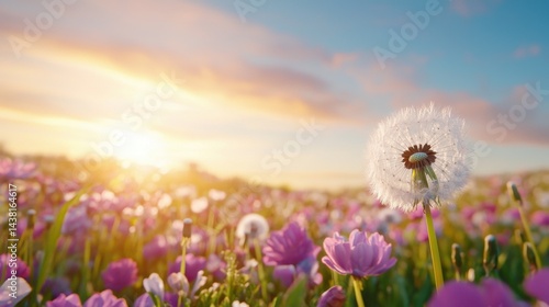 A dandelion in a field of purple flowers at sunset