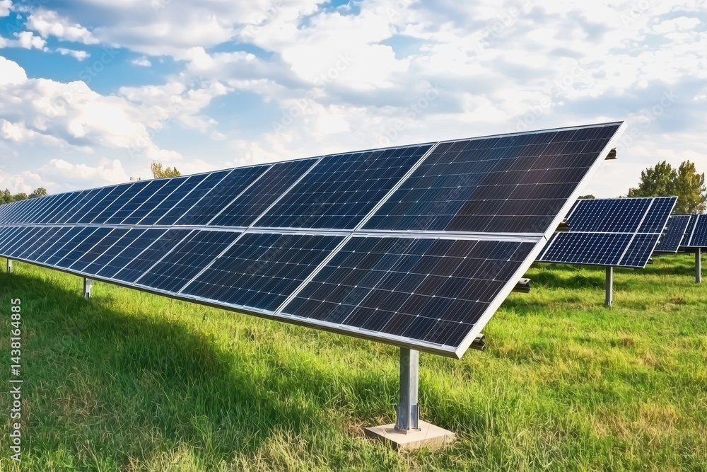 Expansive solar panels captured in a lush green field under a clear blue sky for renewable energy concepts Expansive solar panels captured in a lush green field under a clear blue sky for renewable energy concepts
