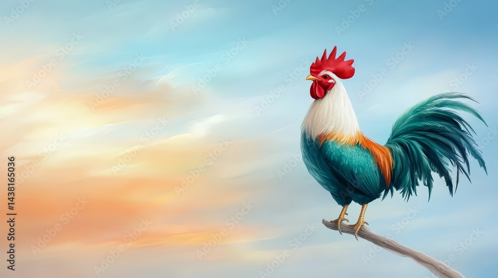 Fototapeta premium Majestic rooster perched on branch against dramatic cloudy sky background