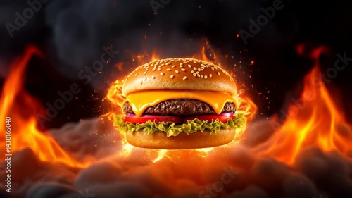 Flaming Hot Cheeseburger: Delicious Grilled Burger with Melting Cheese, Fire, and Smoke - Food Photography for Restaurant Menus
