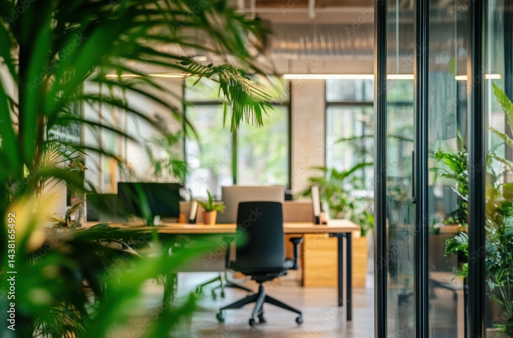 Fototapeta premium Bright open office interior, glass-walled meeting room
